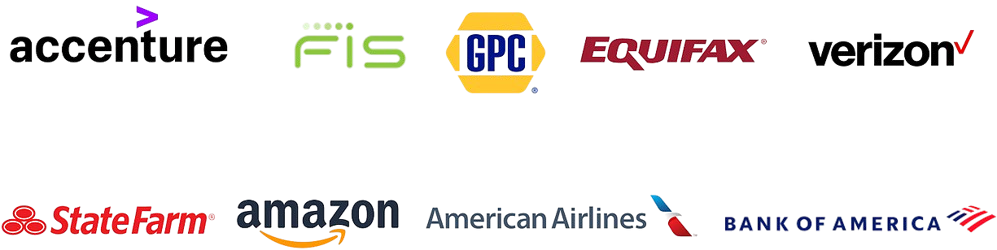 Logos of companies where alumni have secured contracts: Accenture, FIS, GPC, Equifax, Verizon, State Farm, Amazon, American Airlines, Bank of America